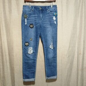 Embellished Distressed Jeans Ripped Denim Rhinestone Accents Blue Jeans‎